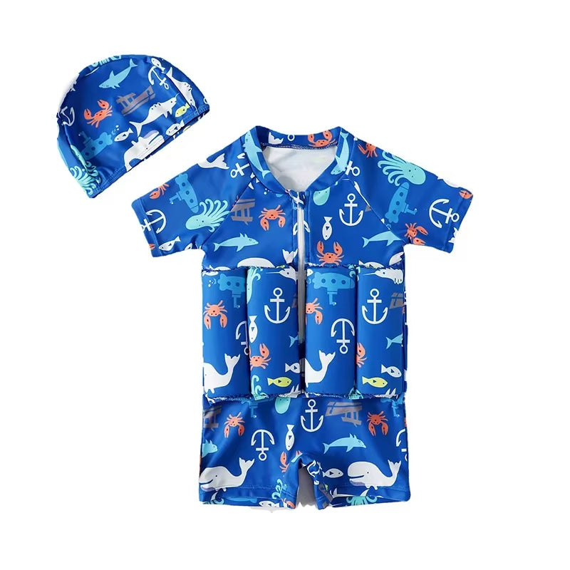 Children Swimming Training Swimwear Boys Girls Swimming Suit Detachable Floating Swimsuit Kids Buofancy Swimwear+Caps Suit